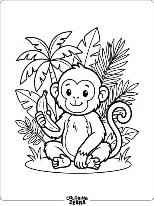 A monkey holding a banana near palm leaves