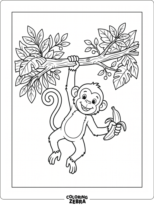 A monkey coloring book page with a branch and banana
