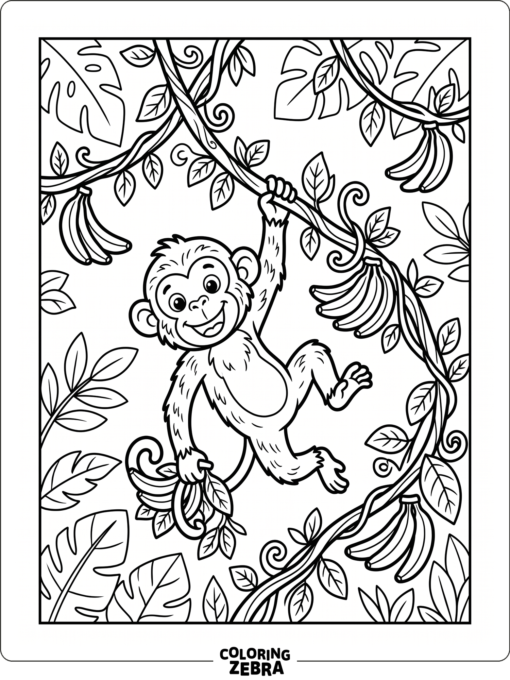 A monkey swings through the trees with a bunch of bananas nearby