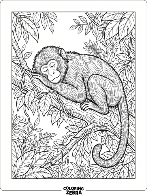 A detailed monkey resting on a branch with layered leaves