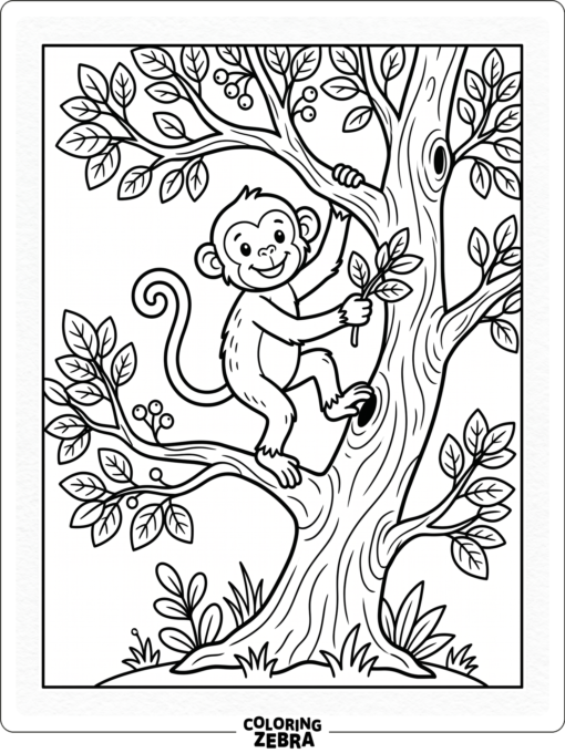 A friendly monkey climbing a tree with simple branches