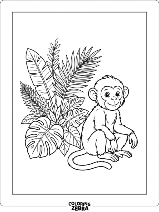 A monkey sitting beside tropical leaves in a printable layout
