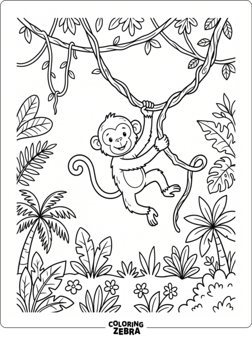 A monkey swinging on vines in a simple jungle scene