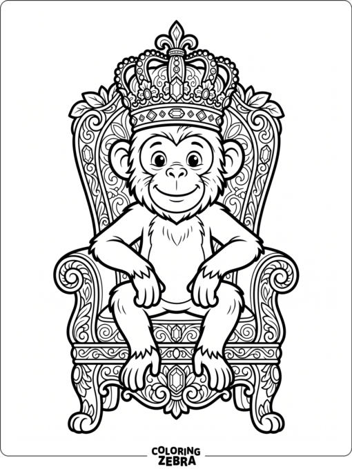A monkey wearing a crown sitting on a throne
