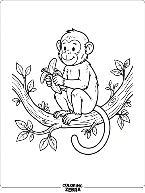 A monkey holding a banana while sitting on a branch