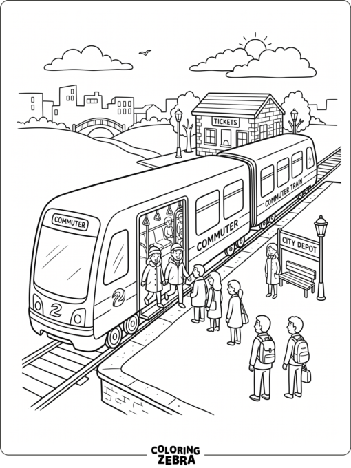 Commuter train with doors open at a city platform