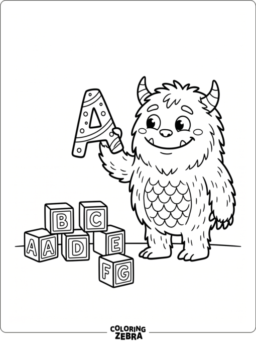 A monster standing with the letter A and blocks