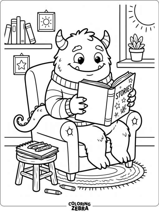 A friendly monster reading a book