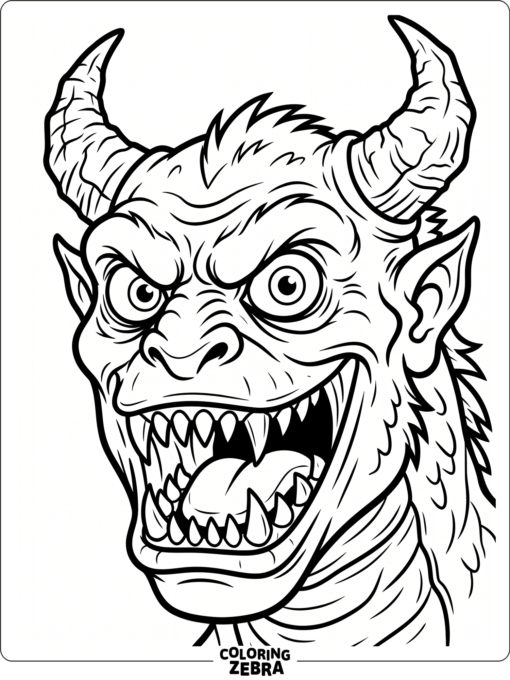 A monster face with horns and wide eyes