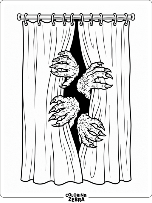 Monster hands with claws reaching from behind a curtain