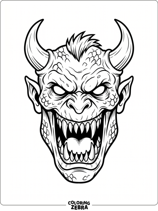 A monster head with horns and fangs