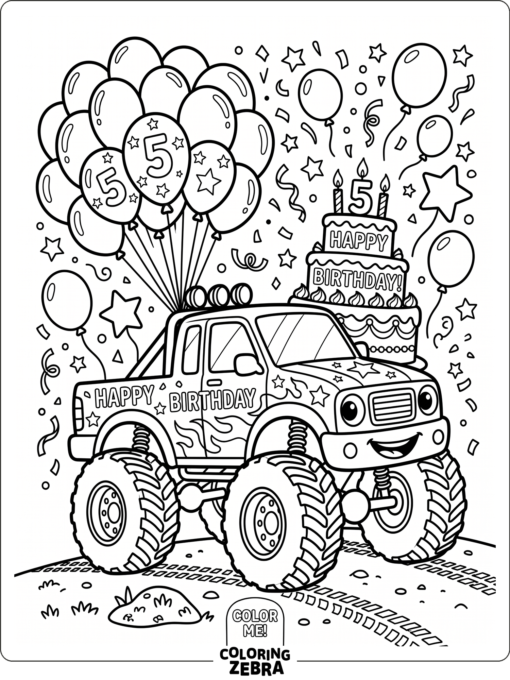 Birthday monster truck with balloons and a cake