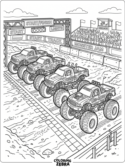 Row of monster trucks lined up on a starting track