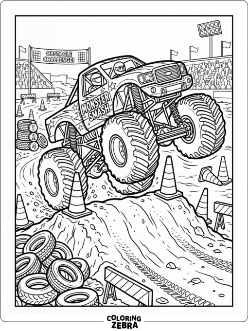Monster truck weaving through cones, ramps, and tires
