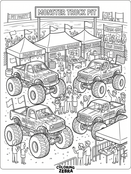 Family pit party with monster trucks and tents
