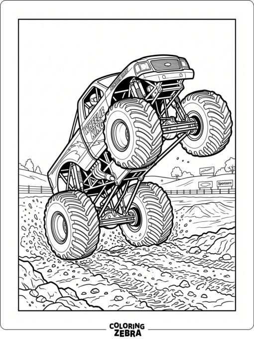 Monster truck doing a wheelie on a dirt track