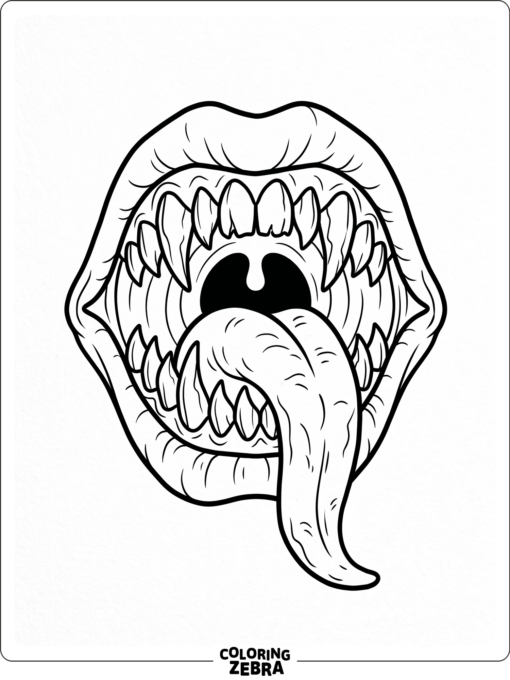 A monster mouth with fangs and a dangling tongue