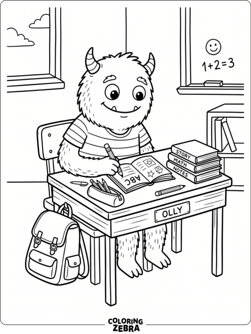A monster sitting at a school desk with books
