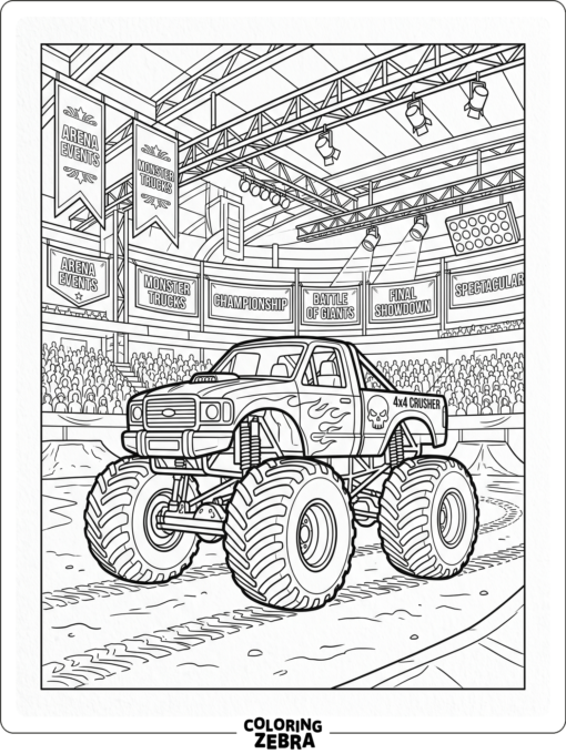 A monster truck parked in an arena