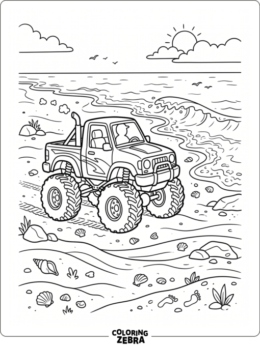 A monster truck driving on a beach