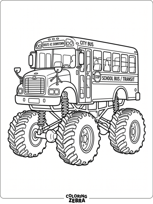A bus-shaped monster truck with huge windows
