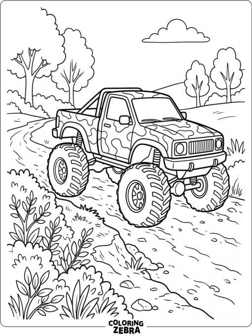 A monster truck with camouflage patterns