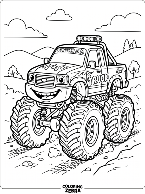 A cartoon monster truck with oversized tires