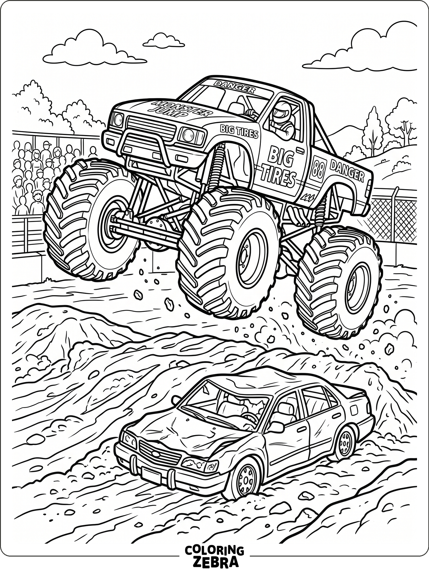 A monster truck with giant tires jumping over a crushed car