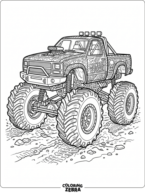 A detailed monster truck with patterned panels