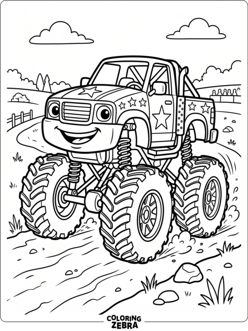 A friendly monster truck with star decals
