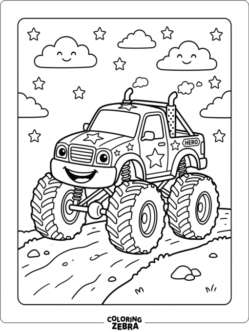 Smiling monster truck with stars and clouds