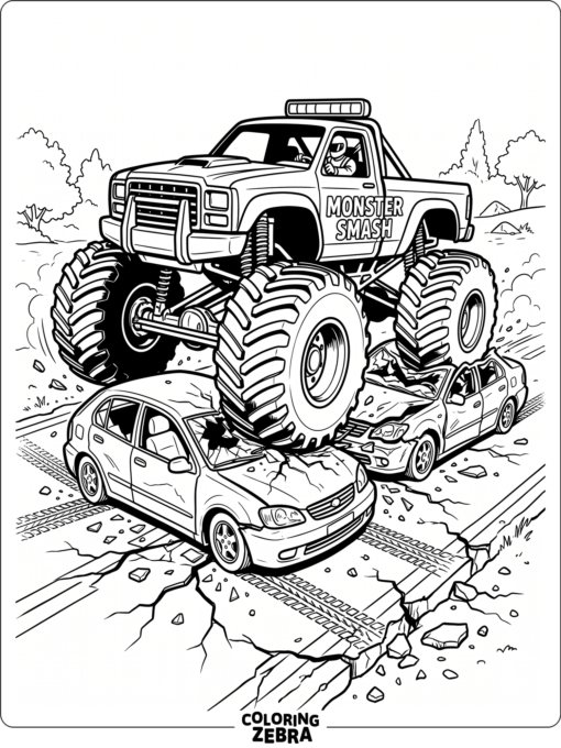 A monster truck crushing cars on a cracked road