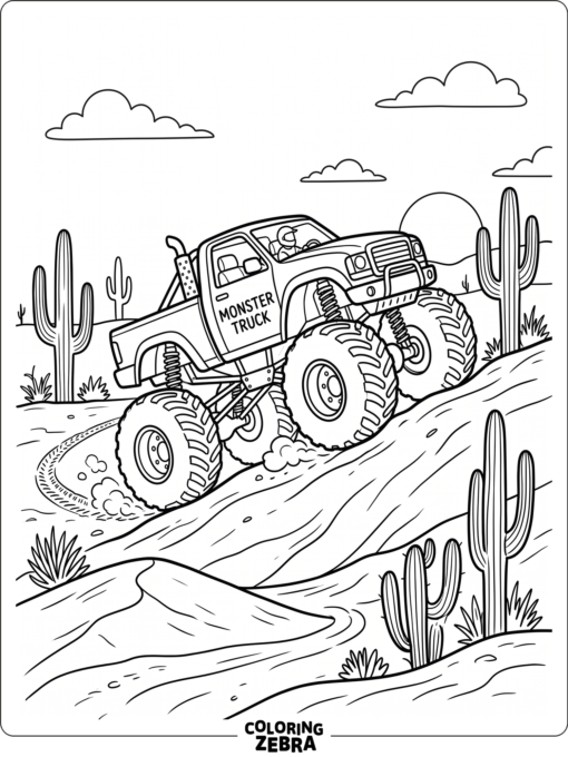 A monster truck crossing desert sand dunes