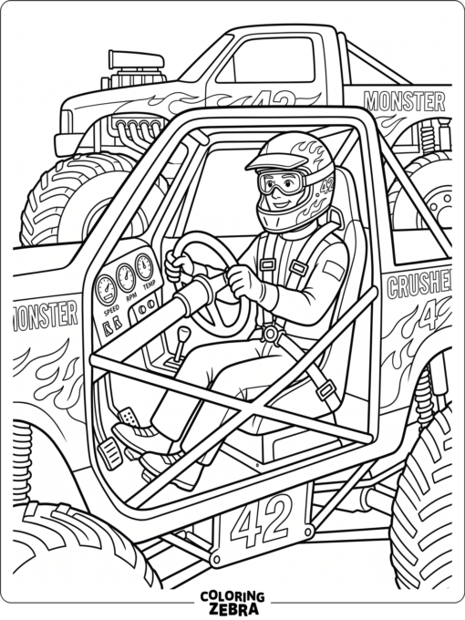 A monster truck driver sitting in the cab