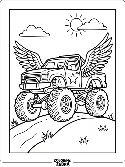 A monster truck with eagle wings on the sides