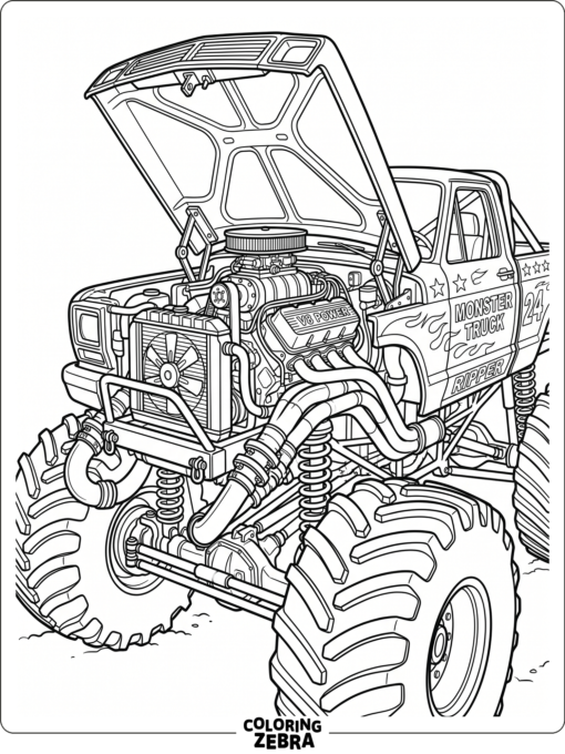 An exposed monster truck engine with open hood