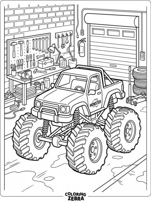 A monster truck parked in a garage