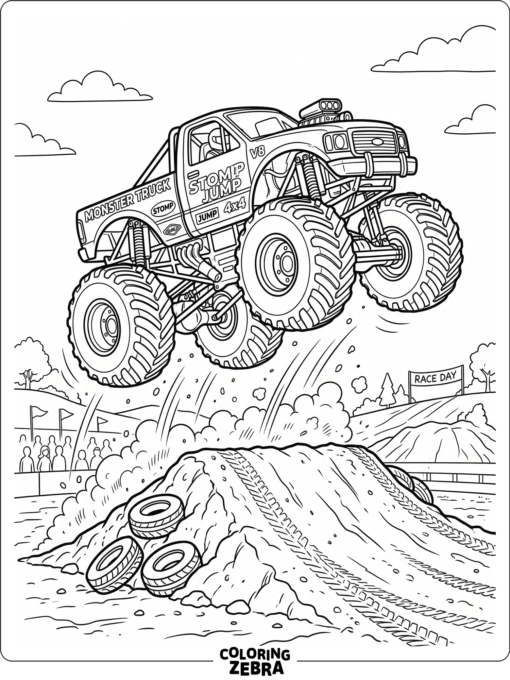 A monster truck jumping over a dirt ramp