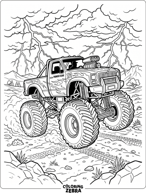 A monster truck surrounded by lightning bolts