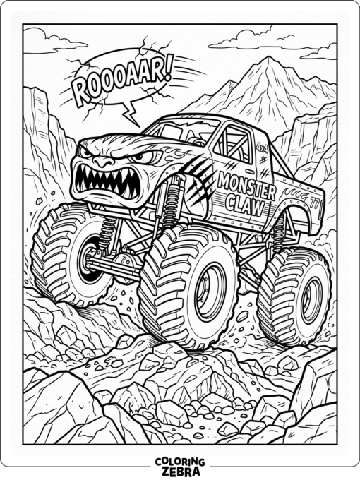 A fierce monster truck with a monster face