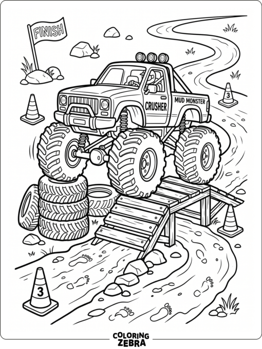 A monster truck driving through an obstacle course