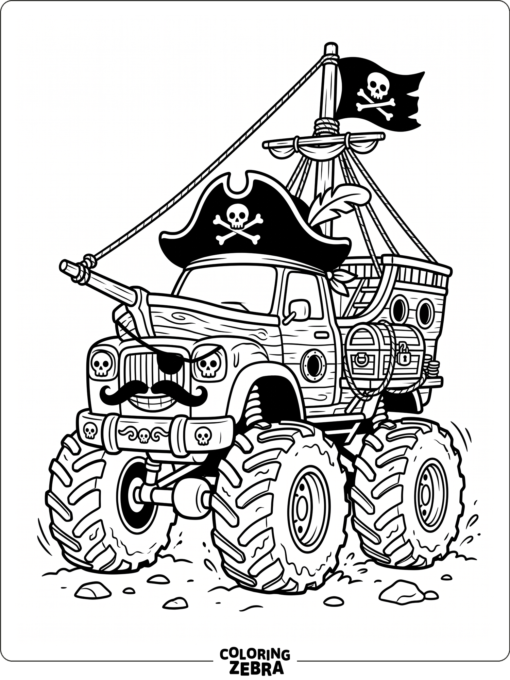 A pirate-themed monster truck with a flag