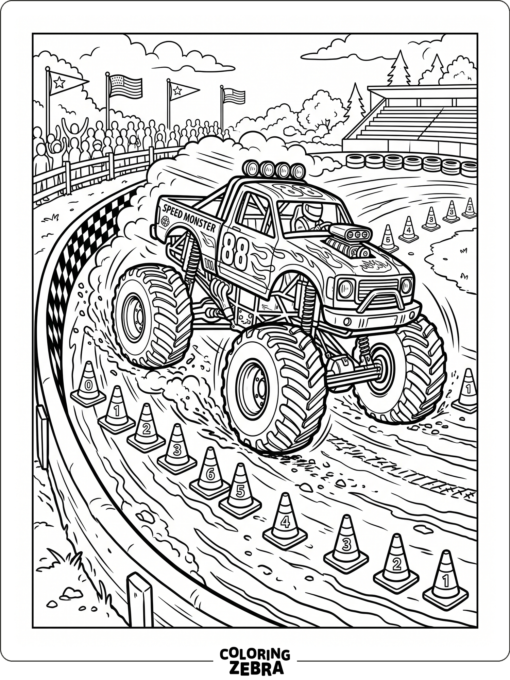 A monster truck racing around a track