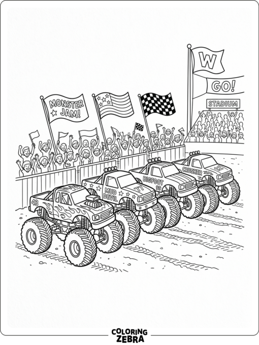 A monster truck lineup at a rally