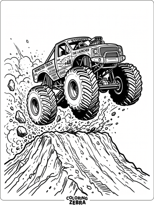 A monster truck soaring off a ramp with big wheels
