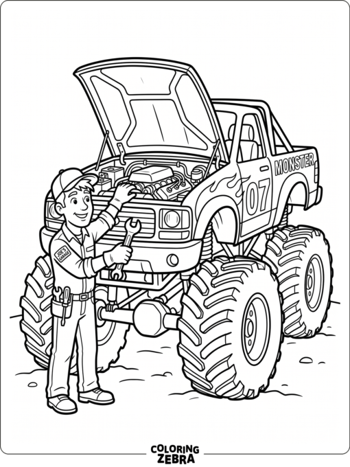 A mechanic repairing a monster truck
