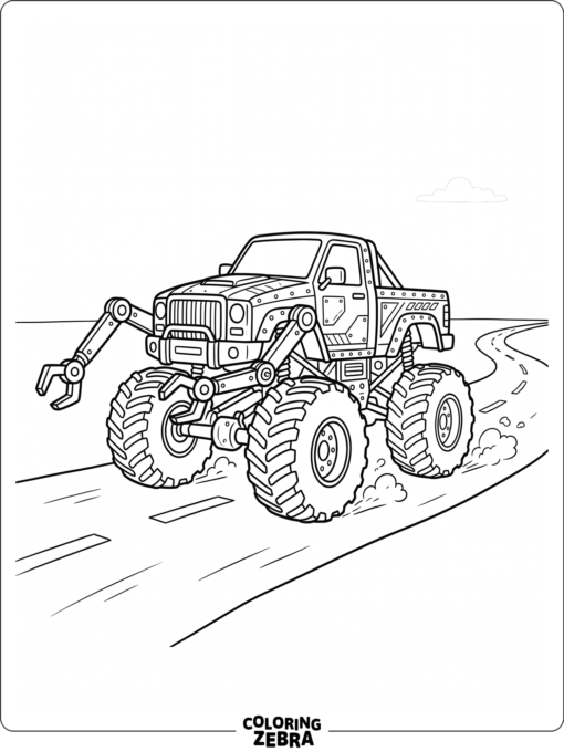 A robot-style monster truck with mechanical details