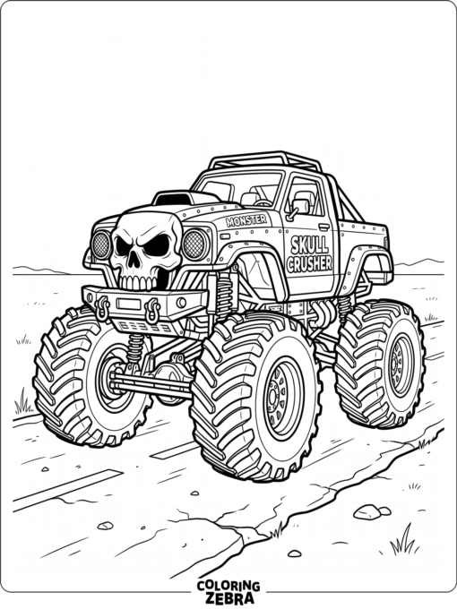 A monster truck with a skull design on the front