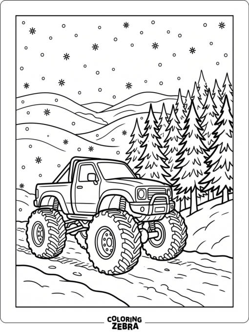 A monster truck in a snowy mountain scene