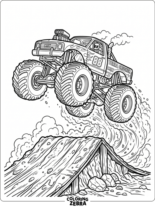 A monster truck launching off a ramp